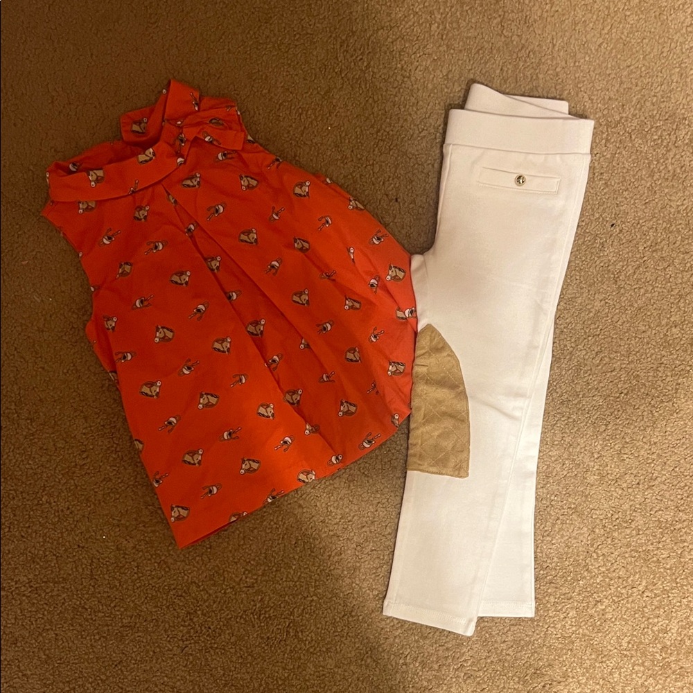 Janie and Jack Orange Equestrian Graphic Top and White Bottom Set
